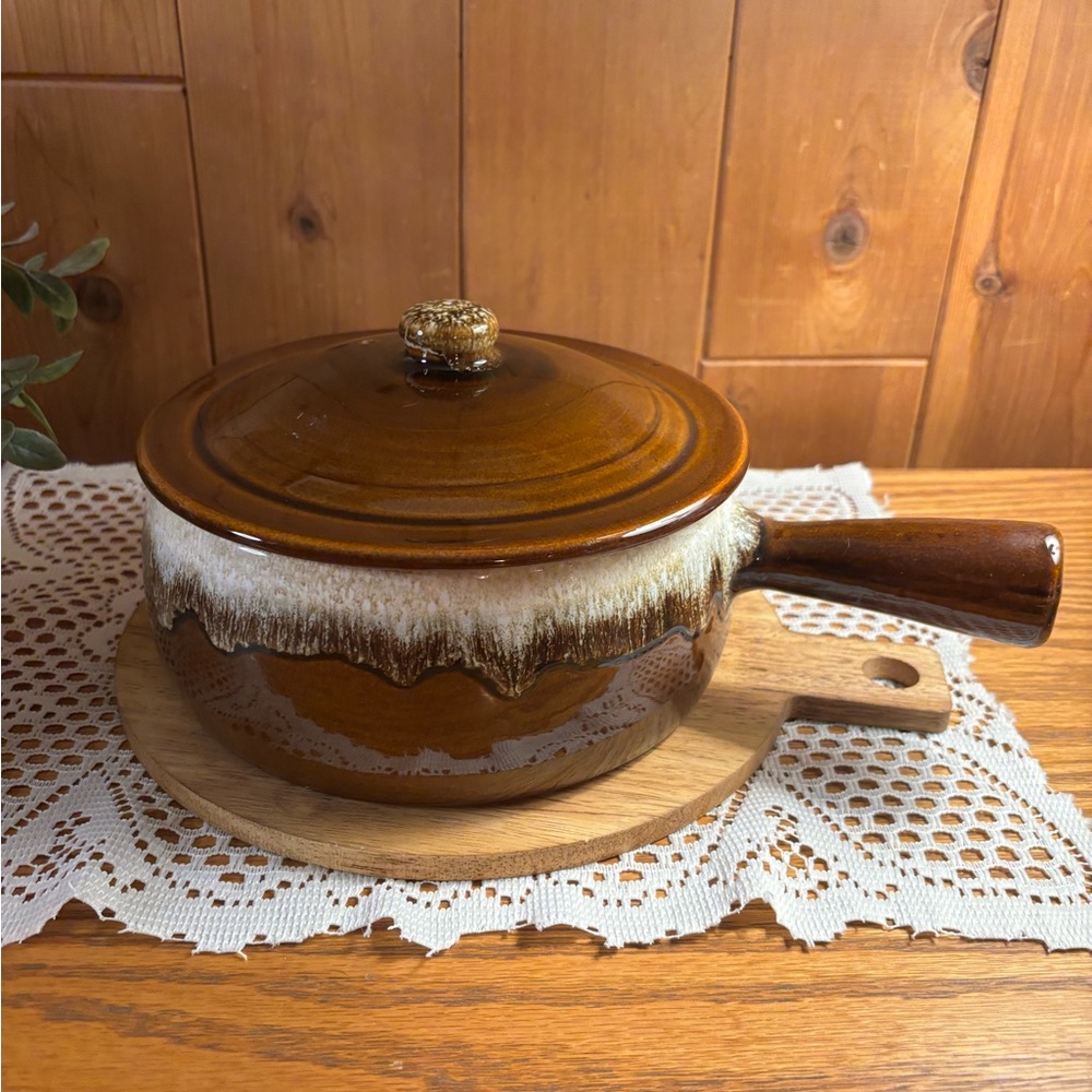 Vintage Brown Drip Glaze Stoneware Bean Pot